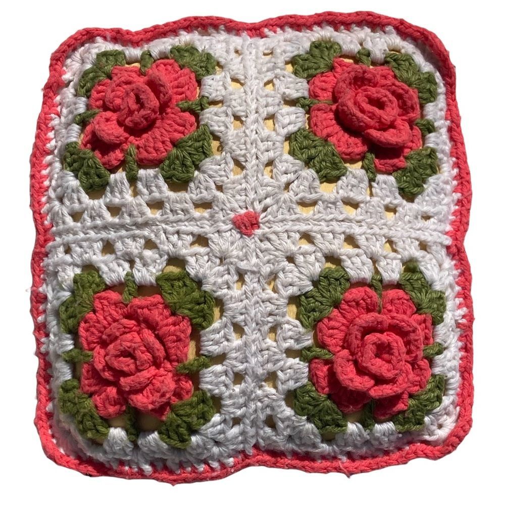 Vintage Handmade Floral Crochet Pillow White